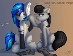 Size: 5125x3917 | Tagged: safe, artist:flapstune, derpibooru import, octavia melody, vinyl scratch, earth pony, pony, unicorn, bonk, bowtie, chest fluff, clothes, dialogue, duo, duo female, ear fluff, female, fluffy, horn, image, lesbian, mare, newspaper, png, red eyes, shipping, signature, simple background, sitting, socks