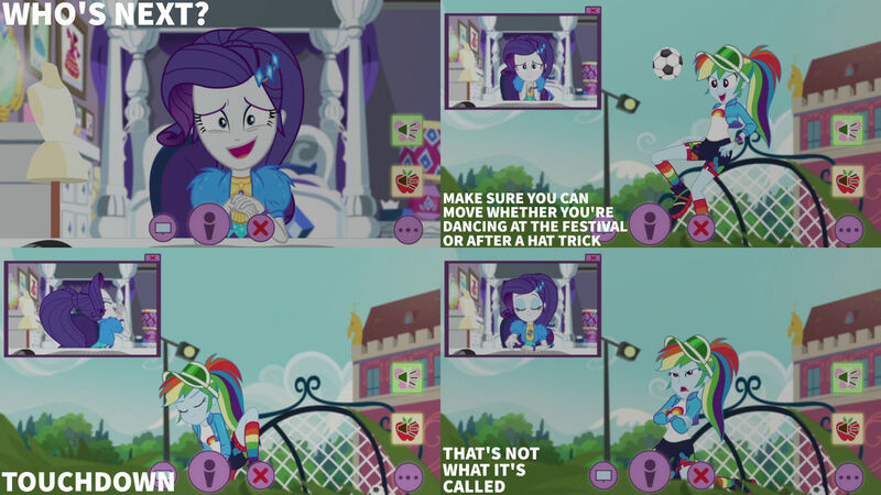 Size: 1280x720 | Tagged: safe, derpibooru import, edit, edited screencap, editor:quoterific, screencap, rainbow dash, rarity, equestria girls, equestria girls series, festival looks, spoiler:eqg series (season 2), canterlot high, crossed arms, duo, duo female, eyes closed, female, football, geode of shielding, geode of super speed, image, jpeg, magical geodes, music festival outfit, open mouth, open smile, smiling, sports, text