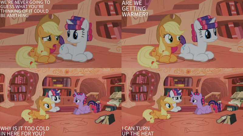 Size: 1280x720 | Tagged: safe, derpibooru import, edit, edited screencap, editor:quoterific, screencap, applejack, rarity, twilight sparkle, earth pony, pony, unicorn, look before you sleep, season 1, applejack's hat, cowboy hat, female, golden oaks library, hat, image, jpeg, library, mare, open mouth, text, trio, unicorn twilight