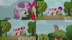 Size: 1280x720 | Tagged: safe, derpibooru import, edit, edited screencap, editor:quoterific, screencap, apple bloom, gabby, scootaloo, sweetie belle, earth pony, gryphon, pegasus, pony, unicorn, season 6, the fault in our cutie marks, ^^, apple, apple bloom's bow, bow, clubhouse, crusaders clubhouse, cute, cutie mark crusaders, diasweetes, eyes closed, female, filly, foal, food, hair bow, helmet, image, open mouth, open smile, png, scooter, smiling, spread wings, text, tree, wings