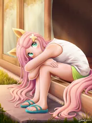 Size: 1800x2400 | Tagged: safe, artist:symbianl, derpibooru import, fluttershy, human, eared humanization, humanized, image, png, solo, tail, tailed humanization