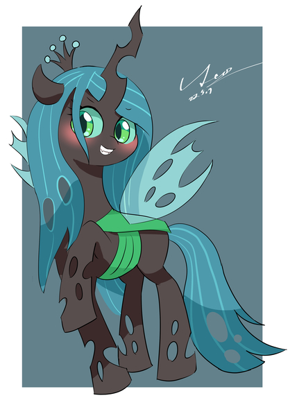 Size: 2406x3451 | Tagged: safe, artist:leo19969525, derpibooru import, queen chrysalis, pony, blushing, canterlot wedding 10th anniversary, crown, flying, green eyes, horn, image, jewelry, jpeg, looking at you, regalia, saddle, simple background, smiling, solo, tack, tail, wings