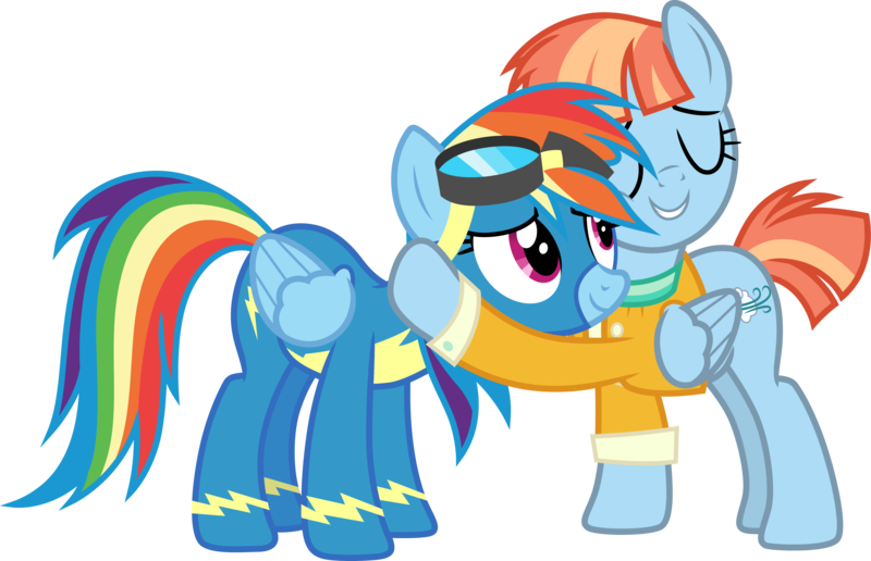 Size: 4655x3000 | Tagged: safe, artist:cloudyglow, derpibooru import, rainbow dash, windy whistles, parental glideance, .ai available, clothes, hug, image, png, simple background, transparent background, uniform, vector, wonderbolts uniform