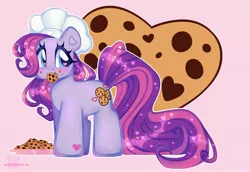 Size: 4096x2824 | Tagged: safe, artist:bunxl, derpibooru import, chocolate chipper, earth pony, pony, anime style, baker, blue eyes, chef's hat, chocolate chip cookies, chubby, cookie, crumbs, eating, eyelashes, female, food, food on face, hat, image, jpeg, multicolored mane, pink background, pink mane, plate, purple coat, purple mane, short, simple background, solo