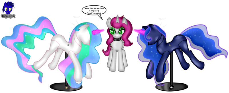 Size: 9414x3834 | Tagged: safe, artist:damlanil, derpibooru import, princess celestia, princess luna, oc, oc:peony, alicorn, pony, unicorn, bondage, clothes, collar, crystal horn, encasement, fake horn, female, horn, i have no mouth and i must scream, image, inanimate tf, latex, link in description, magic, magic aura, mannequin, mannequin tf, mare, no mouth, objectification, pedestal, petrification, png, ponyquin, rubber, shiny, show accurate, simple background, story included, transformation, transparent background, vector