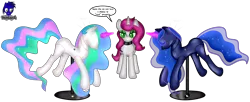 Size: 9414x3834 | Tagged: safe, artist:damlanil, derpibooru import, princess celestia, princess luna, oc, oc:peony, alicorn, pony, unicorn, bondage, clothes, collar, crystal horn, encasement, fake horn, female, horn, i have no mouth and i must scream, image, inanimate tf, latex, link in description, magic, magic aura, mannequin, mannequin tf, mare, no mouth, objectification, pedestal, petrification, png, ponyquin, rubber, shiny, show accurate, simple background, story included, transformation, transparent background, vector