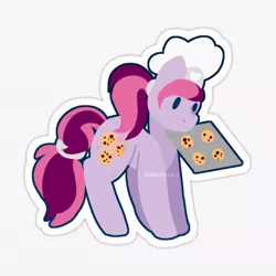 Size: 600x600 | Tagged: safe, artist:katkitters, derpibooru import, chocolate chipper, earth pony, pony, baker, baking sheet, border, chef's hat, chibi, chocolate chip cookies, cookie, cute, food, hat, image, jpeg, pink mane, ponytail, simple background, solo, sticker, transparent background