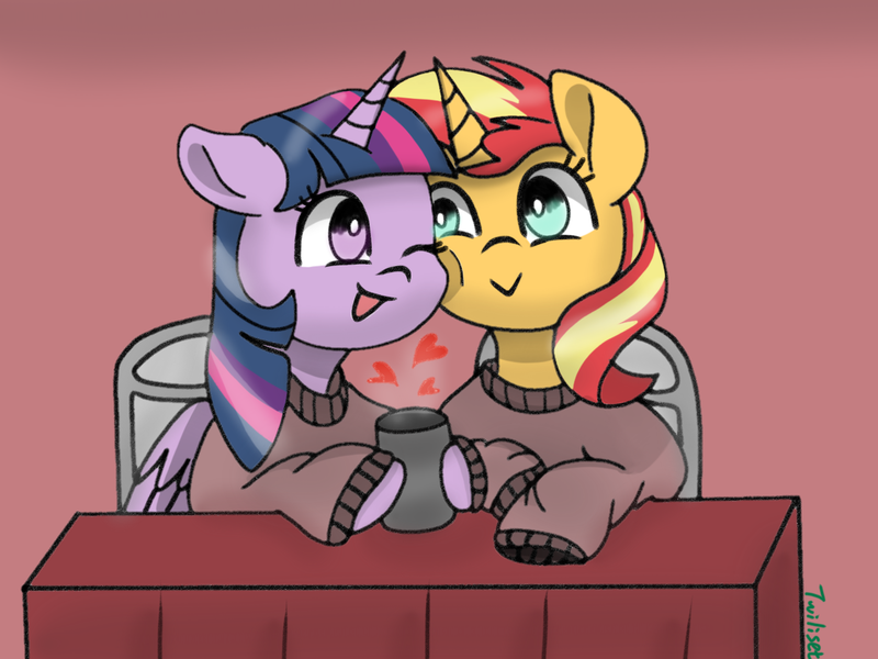 Size: 1200x900 | Tagged: safe, artist:twiliset, derpibooru import, sunset shimmer, twilight sparkle, twilight sparkle (alicorn), alicorn, pony, unicorn, equestria girls, chair, clothes, cup, cute, female, heart, image, lesbian, looking at each other, png, shipping, smiling, smiling at each other, sunsetsparkle, sweater, table, touching face, wood