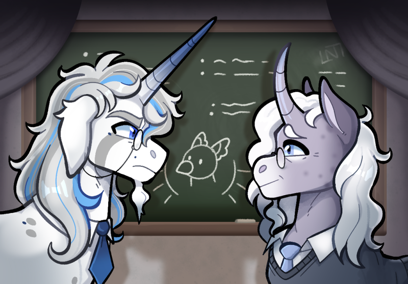 Size: 920x640 | Tagged: safe, artist:lastnight-light, derpibooru import, oc, oc:brightburn, oc:calamus, unofficial characters only, pony, unicorn, chalkboard, glasses, image, male, png, stallion