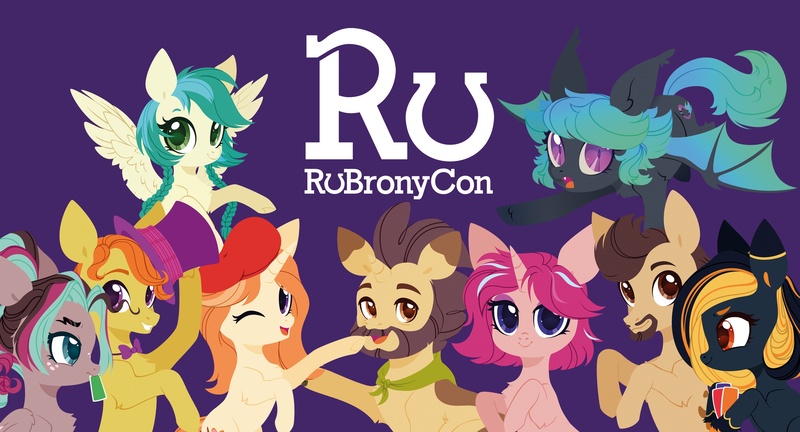 Size: 2560x1382 | Tagged: safe, artist:belka-sempai, derpibooru import, oc, oc:blasty, oc:blur (rubronycon), oc:bold favor, oc:delusive rose, oc:foundy, oc:lily brush, oc:loffy, oc:moondrive, group, image, jpeg, mascot, purple background, rubronycon, simple background, vkontakte