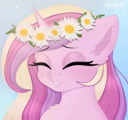 Size: 1686x1583 | Tagged: safe, artist:munrei, derpibooru import, princess cadance, blushing, bust, canterlot wedding 10th anniversary, eyes closed, floral head wreath, flower, horn, image, png, portrait, simple background, smiling