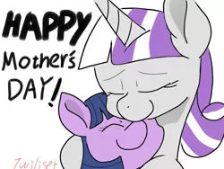 Size: 1200x900 | Tagged: safe, artist:twiliset, derpibooru import, twilight sparkle, twilight sparkle (alicorn), twilight velvet, alicorn, pony, unicorn, female, happy, hug, image, mare, mother and child, mother and daughter, mother's day, png, smiling