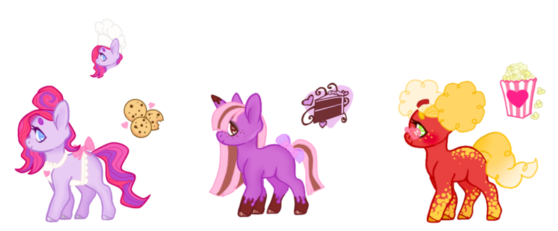 Size: 2000x831 | Tagged: safe, artist:adopdee, artist:vernorexia, derpibooru import, butter pop, chocolate chipper, oc, ponified, earth pony, food pony, original species, pony, unicorn, adoptable, adoptable open, afro, afro puffs, apron, auction, body markings, bow, cake, candy, chef's hat, chocolate delight, clothes, colored hooves, cookie, dessert, eyeshadow, food, freckles, g3, glasses, hair bun, half updo, hat, image, makeup, markings, png, popcorn, redesign, simple background, spots, spotted, straight mane, sunglasses, tail, tail bow, transparent background, trio