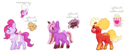 Size: 2000x831 | Tagged: safe, artist:adopdee, artist:vernorexia, derpibooru import, butter pop, chocolate chipper, oc, ponified, earth pony, food pony, original species, pony, unicorn, adoptable, adoptable open, afro, afro puffs, apron, auction, body markings, bow, cake, candy, chef's hat, chocolate delight, clothes, colored hooves, cookie, dessert, eyeshadow, food, freckles, g3, glasses, hair bun, half updo, hat, image, makeup, markings, png, popcorn, redesign, simple background, spots, spotted, straight mane, sunglasses, tail, tail bow, transparent background, trio