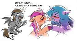 Size: 1499x801 | Tagged: suggestive, artist:schnitzellover, derpibooru import, izzy moonbow, sunny starscout, oc, oc:devin, unofficial characters only, bat pony, blushing, crying, cute, derpibooru exclusive, fangs, female, french kiss, g5, holding hooves, hoof hold, image, kissing, lesbian, png, revenge, simple background, thegaybatpone, white background