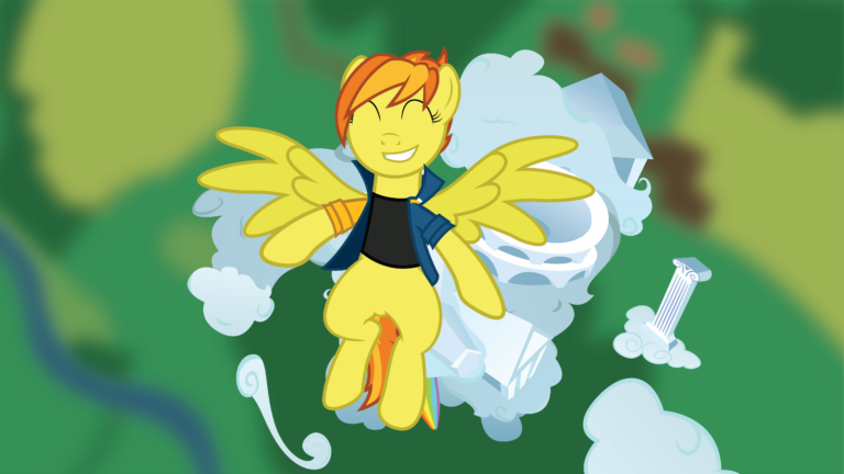 Size: 768x432 | Tagged: source needed, useless source url, safe, artist:captainhoers, derpibooru import, pegasus, pony, firestarter spitfire, spitfire's day off, clothes, cloud, flying, image, jacket, png, rainbow falls (location), solo, wonderbolts jacket