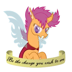 Size: 768x768 | Tagged: safe, artist:tolerance, derpibooru import, scootaloo, changeling, changelingified, image, png, scootaling, simple background, solo, species swap, text, transparent background
