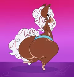 Size: 1880x1950 | Tagged: suggestive, artist:bigcdoodles, derpibooru import, oc, oc:fudgy milk, unofficial characters only, anthro, earth pony, unguligrade anthro, bottom heavy, butt, cake, femboy, fluffy, food, high res, huge butt, image, impossibly large butt, impossibly wide hips, large butt, male, png, smiling, solo, solo male, thighs, thunder thighs, wide hips