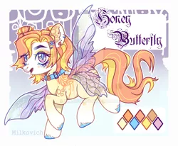 Size: 1920x1581 | Tagged: safe, artist:dillice, derpibooru import, oc, unofficial characters only, flutter pony, pony, butterfly wings, collar, deviantart watermark, ear fluff, ear piercing, earring, female, image, jewelry, makeup, mare, obtrusive watermark, piercing, png, reference sheet, unshorn fetlocks, watermark, wings