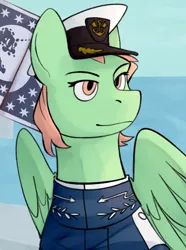 Size: 520x700 | Tagged: safe, artist:bunnyshrubby, derpibooru import, oc, unofficial characters only, pegasus, pony, equestria at war mod, clothes, female, flag, folded wings, hat, image, mare, military, military uniform, orange eyes, orange mane, pegasus oc, png, pony oc, solo, uniform, wings