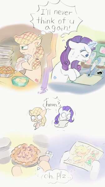 Size: 708x1260 | Tagged: safe, artist:re_yam_mlp, derpibooru import, applejack, rarity, earth pony, pony, unicorn, alternate hairstyle, apple, apple pie, blatant lies, drawing, duo, eyeshadow, female, food, glow, glowing horn, hair net, hairnet, horn, image, ink, jpeg, lesbian, levitation, magic, makeup, mare, pie, quill, rarijack, shipping, sweat, telekinesis