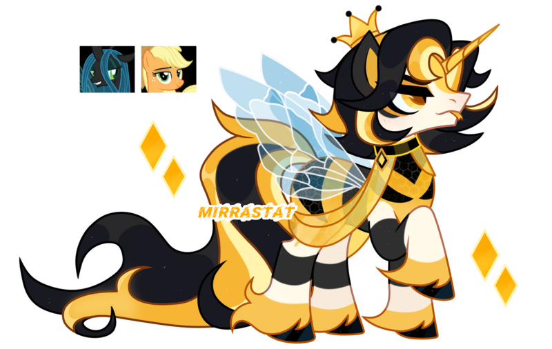 Size: 1280x809 | Tagged: safe, artist:mirrastat, derpibooru import, applejack, queen chrysalis, oc, changeling, changeling queen, pony, base used, crown, female, frown, grin, hoof fluff, image, jewelry, male, mare, parent:applejack, parent:queen chrysalis, png, raised hoof, regalia, simple background, smiling, stallion, transparent background