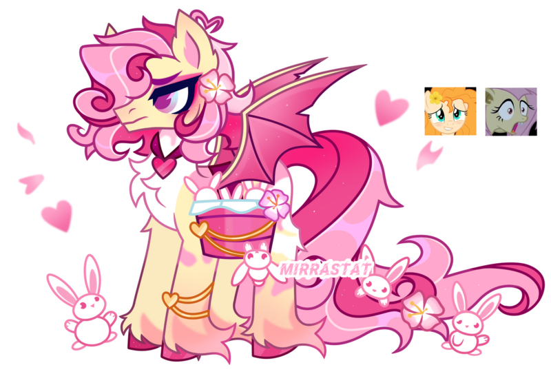 Size: 1280x869 | Tagged: safe, artist:mirrastat, derpibooru import, fluttershy, oc, bat pony, pony, rabbit, animal, base used, bat ponified, chest fluff, female, flutterbat, heart, image, jewelry, male, mare, necklace, parent:fluttershy, parent:pear butter, png, race swap, saddle basket, simple background, stallion, transparent background