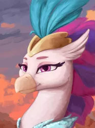 Size: 675x909 | Tagged: safe, artist:dukevonkessel, derpibooru import, queen novo, hippogriff, pony, equestria at war mod, my little pony: the movie, bust, crown, female, hair, image, jewelry, mare, monarch, pink eyes, png, portrait, regalia, royalty, smiling, solo
