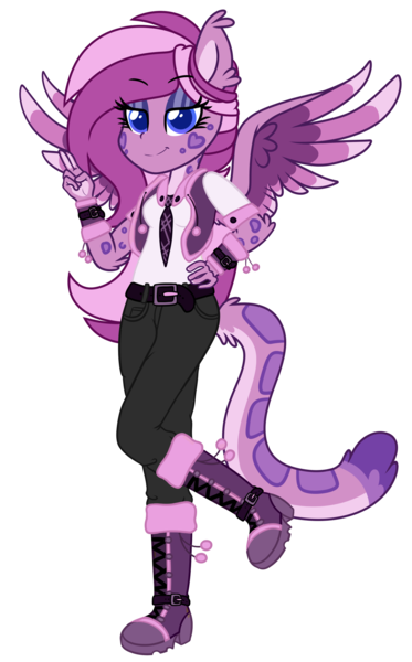 Size: 1250x2011 | Tagged: safe, artist:lupulrafinat, derpibooru import, oc, oc:wild dawn, unofficial characters only, anthro, hybrid, equestria girls, boots, clothes, female, hand on hip, image, necktie, pants, peace sign, png, ponied up, shoes, simple background, solo, transparent background