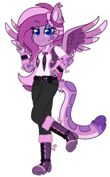 Size: 1250x2011 | Tagged: safe, artist:lupulrafinat, derpibooru import, oc, oc:wild dawn, unofficial characters only, anthro, hybrid, equestria girls, boots, clothes, female, hand on hip, image, necktie, pants, peace sign, png, ponied up, shoes, simple background, solo, transparent background