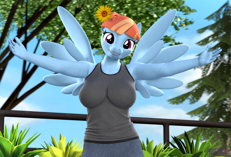 Size: 3173x2160 | Tagged: safe, artist:antonsfms, derpibooru import, windy whistles, anthro, pegasus, clothes, female, flower, flower in hair, happy, hug, image, inviting, jeans, looking at you, makeup, mother, mother's day, open arms, outdoors, pants, png, smiling, smiling at you, solo, spread wings, tanktop, wings