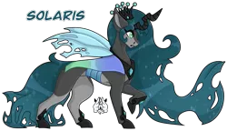 Size: 2019x1166 | Tagged: safe, artist:poppln, derpibooru import, changeling queen oc, oc, unofficial characters only, changeling, changeling queen, changepony, hybrid, female, image, magical lesbian spawn, offspring, parent:princess celestia, parent:queen chrysalis, parents:chryslestia, png, raised hoof, simple background, solo, transparent background