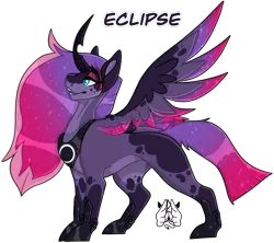 Size: 1636x1456 | Tagged: safe, artist:poppln, derpibooru import, oc, oc:eclipse, unofficial characters only, alicorn, pony, alicorn oc, curved horn, ethereal mane, female, horn, image, magical lesbian spawn, mare, offspring, parent:princess luna, parent:tempest shadow, parents:tempestluna, peytral, png, simple background, smiling, solo, starry mane, transparent background, wings