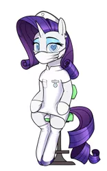 Size: 3000x4800 | Tagged: suggestive, artist:dacaoo, derpibooru import, rarity, pony, unicorn, brainwashed, brainwashing, chair, clothes, dentist, doctor, dress, ear piercing, earring, eyeshadow, gloves, hat, heart eyes, high heels, horn, hypnosis, hypnotized, image, jewelry, makeup, mask, medical gloves, name tag, nurse hat, piercing, png, shoes, sitting, socks, solo, stockings, stool, surgical mask, swirly eyes, thigh highs, tooth, uniform, wingding eyes