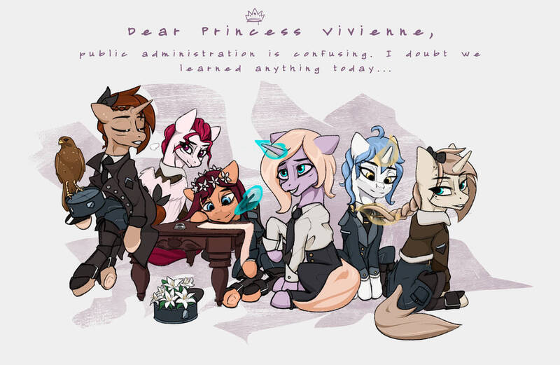 Size: 1108x721 | Tagged: safe, artist:callsign-echo, derpibooru import, oc, oc:autumn leaf, oc:eagleheart, oc:fervant tempête, oc:morning star (eaw), oc:rouge guirlande, unofficial characters only, bird, earth pony, falcon, pegasus, pony, unicorn, equestria at war mod, bow, clothes, earth pony oc, female, floral head wreath, flower, flower in hair, glow, glowing horn, hair bow, horn, image, jpeg, mare, military, military uniform, pegasus oc, pony oc, unicorn oc, uniform, wings