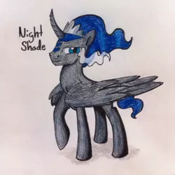 Size: 1936x1936 | Tagged: safe, artist:eclast, derpibooru import, oc, oc:shade, unofficial characters only, alicorn, pony, alicorn oc, folded wings, horn, image, jpeg, large wings, male, offspring, parent:king sombra, parent:princess luna, parents:lumbra, raised hoof, simple background, solo, sombra eyes, stallion, traditional art, white background, wings