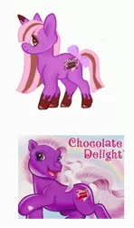 Size: 2053x3464 | Tagged: safe, artist:adopdee, artist:vernorexia, derpibooru import, pony, unicorn, alternate design, bow, brown eyes, brown mane, candy, chocolate, chocolate delight, colored hooves, eyeshadow, food, freckles, g3, generation leap, image, jpeg, makeup, markings, multicolored mane, pink mane, purple coat, redesign, solo, straight mane, tail, tail bow