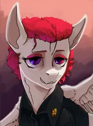 Size: 741x1000 | Tagged: safe, derpibooru import, oc, oc:fervant tempête, unofficial characters only, pegasus, pony, equestria at war mod, bust, clothes, female, image, mare, military, military uniform, pegasus oc, png, portrait, purple eyes, red mane, smiling, solo, uniform, wings