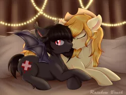 Size: 4900x3700 | Tagged: safe, artist:rainbow brush, derpibooru import, oc, oc:blood bank, oc:golden delicious, bat pony, earth pony, cowboy hat, cute, cutie mark, female, hat, image, lesbian, medic, png, snuggling, streets of chicolt: a totally legitimate business venture