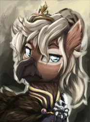 Size: 1560x2100 | Tagged: safe, derpibooru import, oc, unofficial characters only, gryphon, equestria at war mod, beak, blue eyes, bust, clothes, crown, female, folded wings, griffon oc, hair, image, jewelry, military, military uniform, monarch, png, ponytail, portrait, regalia, royalty, simple background, uniform, wings
