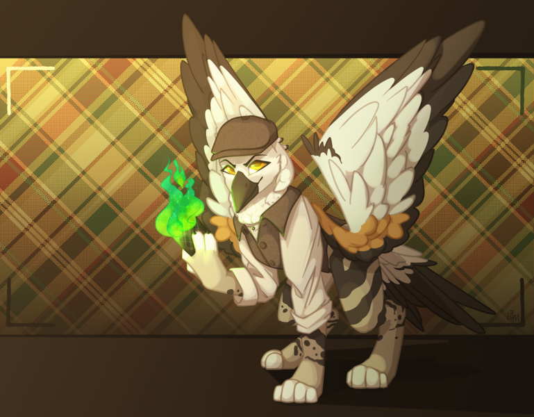 Size: 2500x1950 | Tagged: safe, artist:lazymishel, derpibooru import, oc, oc:edina, gryphon, beak, clothes, flat cap, hat, image, magefire, magic, playing card, png, shaman, shirt, simple background, spread wings, streets of chicolt: a totally legitimate business venture, talonless gryphon, vest, wings