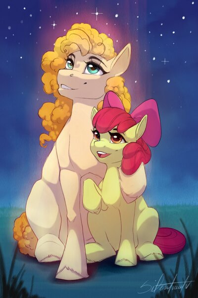 Size: 1200x1800 | Tagged: safe, artist:silentwulv, apple bloom, pear butter, earth pony, pony, apple bloom's bow, bow, female, filly, hair bow, hug, image, jpeg, mare, mother and child, mother and daughter, mother's day, night, sky, stars