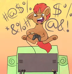 Size: 1972x2048 | Tagged: safe, artist:ponyfusk, derpibooru import, oc, oc:pixel grip, unicorn, angry, controller, gaming, horn, image, implied elden ring, jpeg, jumping, male, rage, television, unicorn oc