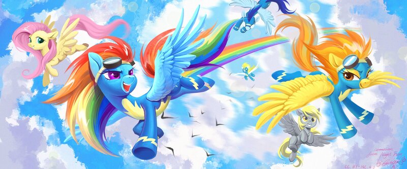 Size: 2048x853 | Tagged: safe, artist:paipaishuaige, derpibooru import, derpy hooves, fluttershy, rainbow dash, soarin', spitfire, surprise, pegasus, pony, clothes, cloud, female, flying, image, jpeg, mare, sky, smiling, uniform, wings, wonderbolts uniform