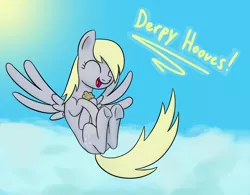 Size: 1820x1422 | Tagged: safe, artist:librarylonging, derpibooru import, derpy hooves, pegasus, pony, cloud, flying, food, happy, holding, image, muffin, png, solo, sun, text