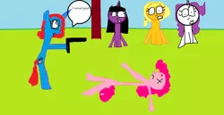 Size: 1024x527 | Tagged: grimdark, derpibooru import, applejack, pinkie pie, rarity, twilight sparkle, oc, earth pony, pony, unicorn, smile hd, 1000 hours in ms paint, abuse, bipedal, blood, dead, dialogue, female, glasses, gun, horn, image, lying down, mare, on back, pinkiebuse, png, shocked, sitting, speech bubble, text, unicorn twilight, weapon, x eyes