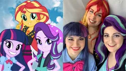 Size: 2289x1288 | Tagged: safe, artist:maddymoiselle, artist:sarahndipity cosplay, artist:shelbeanie, derpibooru import, starlight glimmer, sunset shimmer, twilight sparkle, equestria girls, equestria girls series, mirror magic, spoiler:eqg specials, clothes, cosplay, costume, everfree northwest 2019, image, jpeg, magical trio