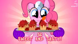 Size: 900x506 | Tagged: grimdark, artist:misterdavey, derpibooru import, pinkie pie, earth pony, pony, cupcakes hd, fanfic:cupcakes, blood, cupcake, fanart, female, food, image, mare, medic, oven mitts, png, sunburst background, text, tongue out