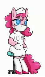 Size: 2389x4096 | Tagged: suggestive, artist:dacaoo, derpibooru import, pinkie pie, earth pony, pony, alternate universe, brainwashed, brainwashing, chair, clothes, cutie mark, cutie mark on clothes, dentist, doctor, dress, ear piercing, earring, eyeshadow, gloves, hat, heart eyes, high heels, hoof gloves, horn, hypnosis, hypnotized, image, jewelry, jpeg, latex, latex clothes, latex dress, latex socks, latex stockings, leaning, makeup, mask, medical gloves, name tag, nurse hat, piercing, rubber gloves, shoes, simple background, sitting, socks, solo, standing on two hooves, stockings, stool, surgical mask, swirly eyes, thigh highs, tooth, uniform, white background, wingding eyes