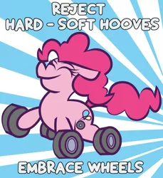 Size: 4216x4608 | Tagged: safe, artist:threetwotwo32232, derpibooru import, pinkie pie, earth pony, original species, pony, wheelpone, eyes closed, female, happy, hooves debate, image, mare, png, smiling, solo, wheel
